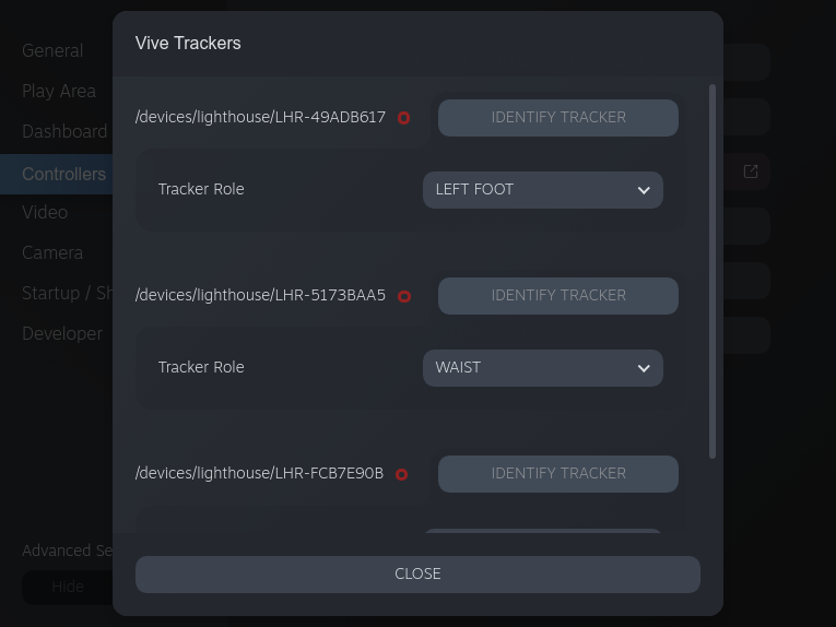 The SteamVR tracker menu.